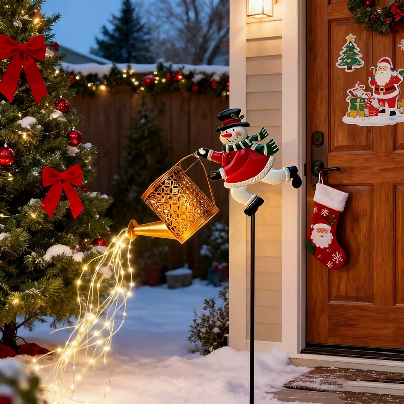 LED Santa Claus Watering Can Light, Solar Snowman Kettle Outdoor Garden Lights for Yard Lawn Christmas Decor