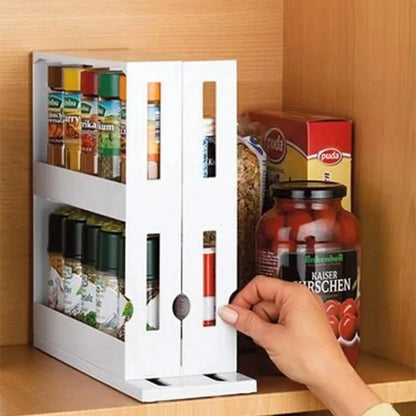 Spice Organizer Rack, 2 Tier Rotating Storage Shelf, Slide Kitchen Cabinet Cupboard Organizer