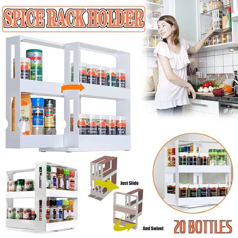 Spice Organizer Rack, 2 Tier Rotating Storage Shelf, Slide Kitchen Cabinet Cupboard Organizer