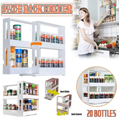 Spice Organizer Rack, 2 Tier Rotating Storage Shelf, Slide Kitchen Cabinet Cupboard Organizer