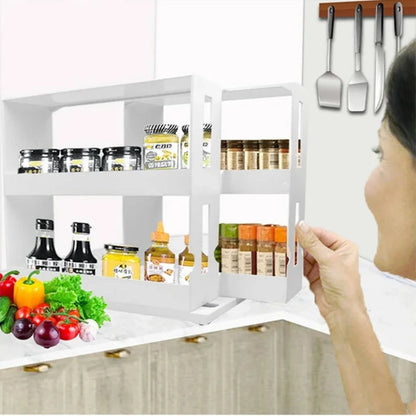 Spice Organizer Rack, 2 Tier Rotating Storage Shelf, Slide Kitchen Cabinet Cupboard Organizer