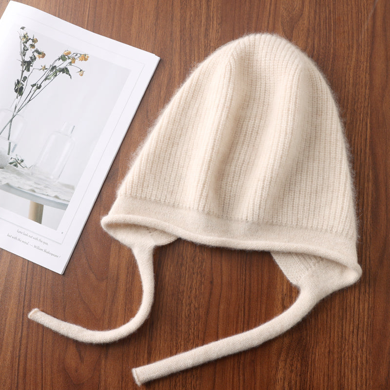Cute Laceup Womens Winter Knitted Hats Pure Wool Pullover Beanie Windproof Earflap 4