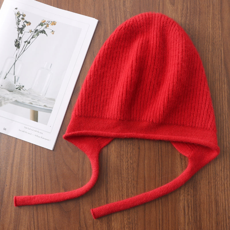 Cute Laceup Womens Winter Knitted Hats Pure Wool Pullover Beanie Windproof Earflap 8