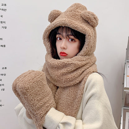 Teddy Bear Hat Women's Autumn Winter Plush Scarf One-piece Hooded Gloves Three Piece Warm Set