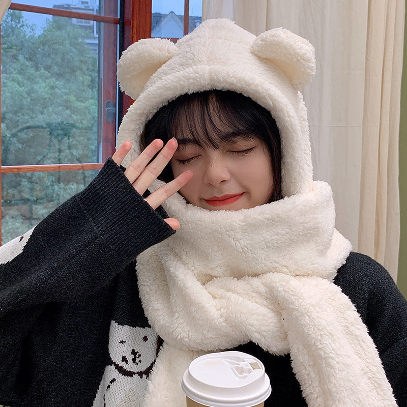 Teddy Bear Hat Womens Autumn Winter Plush Scarf Onepiece Hooded Gloves Three Piece Warm Set 2