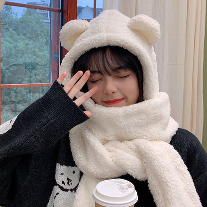 Teddy Bear Hat Womens Autumn Winter Plush Scarf Onepiece Hooded Gloves Three Piece Warm Set 2