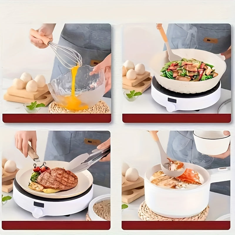 Non-Stick Silicone Kitchen Utensil Set with Wooden Handles, Ladle, Whisk, Spatula & Storage Rack for Cooking and Baking