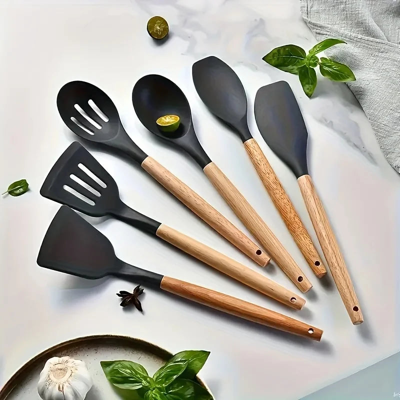 Non-Stick Silicone Kitchen Utensil Set with Wooden Handles, Ladle, Whisk, Spatula & Storage Rack for Cooking and Baking