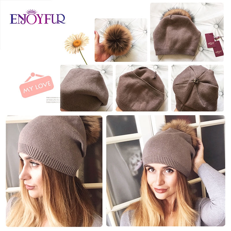 Real Fur Pom Pom Beanies For Women Wool Knitted Thick Warm Winter Lined Fashion Ski Caps Lady Hat 3