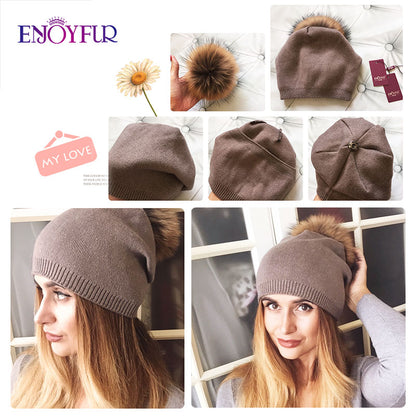 Real Fur Pom Pom Beanies For Women Wool Knitted Thick Warm Winter Lined Fashion Ski Caps Lady Hat 3