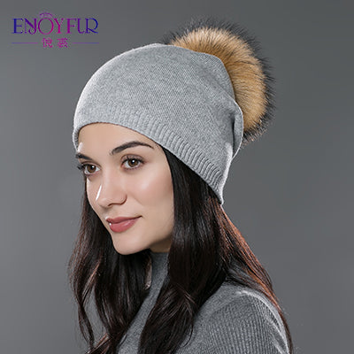 Real Fur Pom Pom Beanies For Women Wool Knitted Thick Warm Winter Lined Fashion Ski Caps Lady Hat 6
