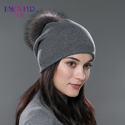 Real Fur Pom Pom Beanies For Women Wool Knitted Thick Warm Winter Lined Fashion Ski Caps Lady Hat 10