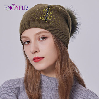 Real Fur Pom Pom Beanies for Women Wool Knitted Thick Warm Winter Lined Fashion Ski Caps Lady Hat