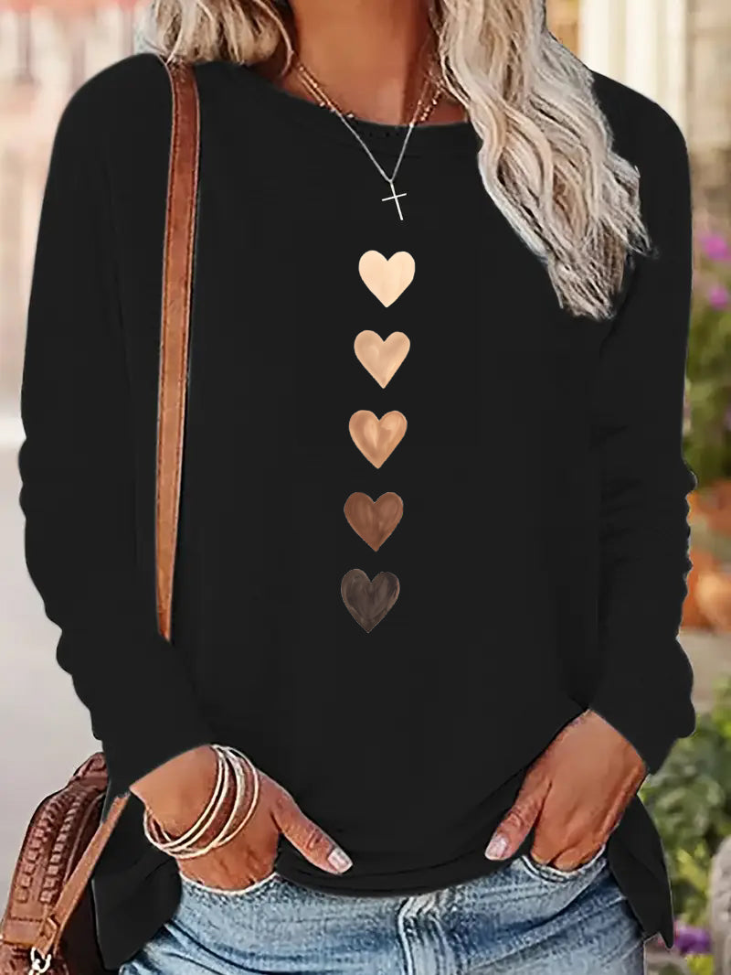 Vintage T Shirt Women's Print, Crew Neck Love Heart Long Sleeve Top, Casual T-Shirt