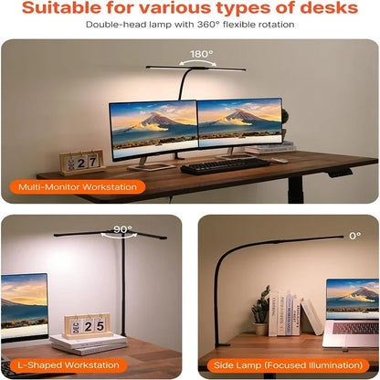 LED Desk Lamp with Double Head, Powerful Illuminated Architect Light, Clip-On Design