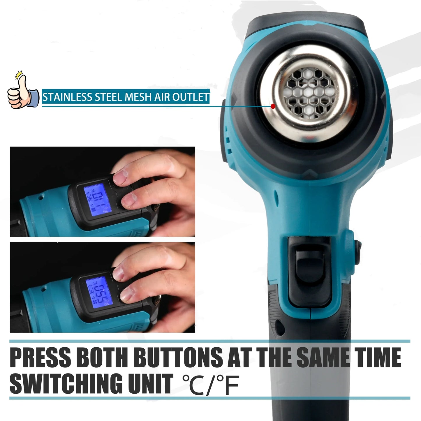 Air Dryer Thermal Blower for PVC Shrink Wrapping, Cordless Heat Gun with LED Display for Electronics Repair