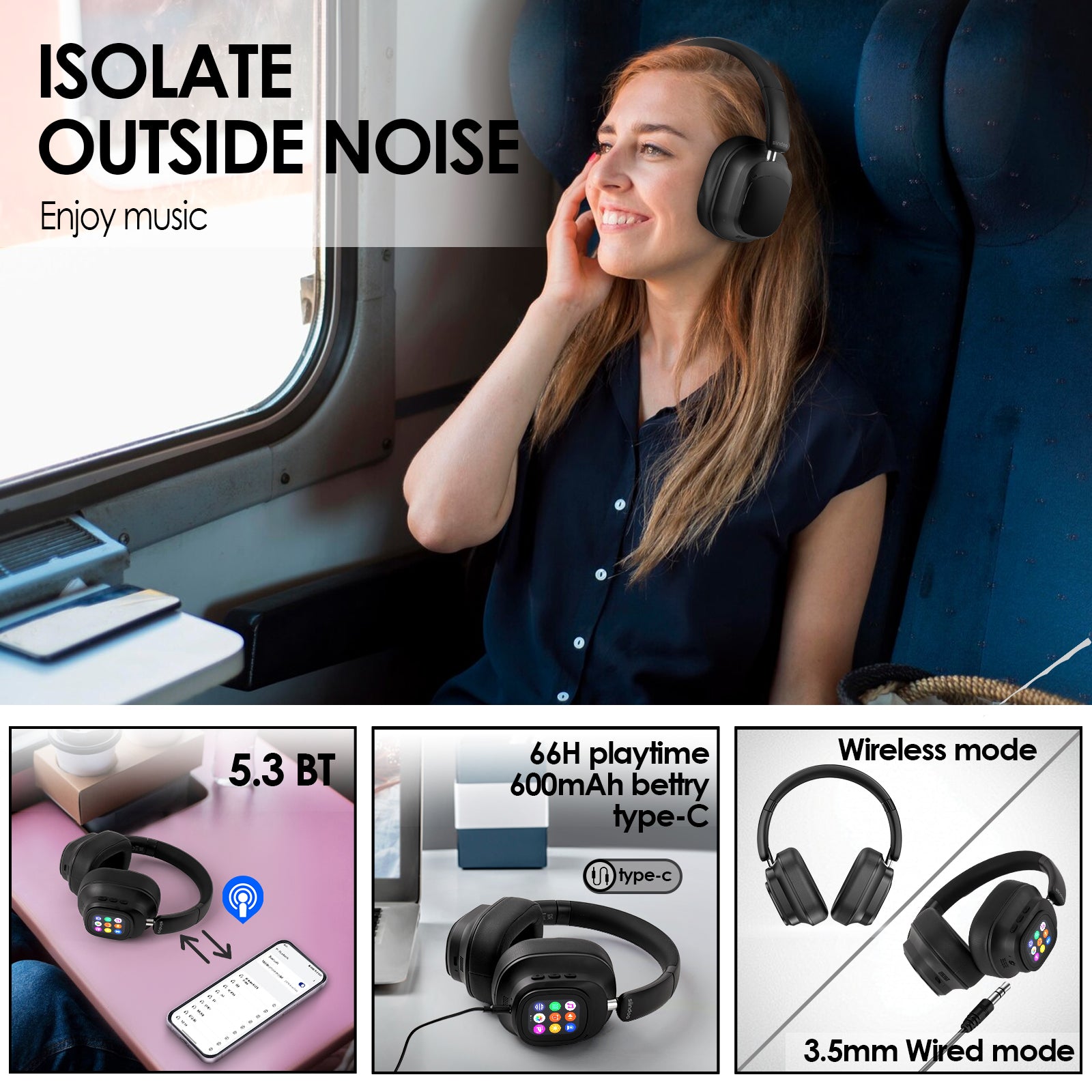 Active Noise Cancelling Headphones Hybrid Wireless Headphone With Touch Control LED Screen 5