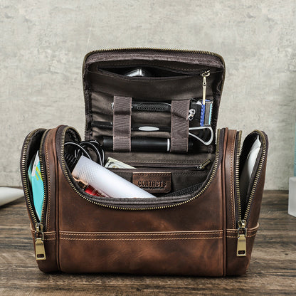 Crazy Horse Leather Business Travel Wash Toiletry Bag, Men's Storage Cosmetics Handbag