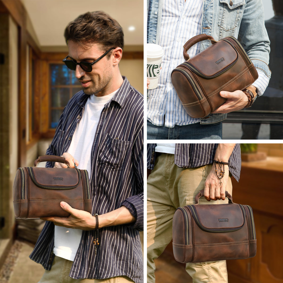 Crazy Horse Leather Business Travel Wash Toiletry Bag Mens Storage Cosmetics Handbag 2