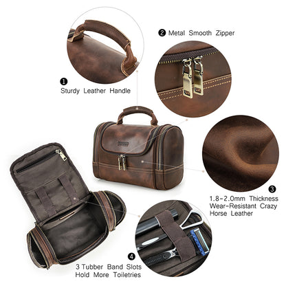 Crazy Horse Leather Business Travel Wash Toiletry Bag Mens Storage Cosmetics Handbag 4
