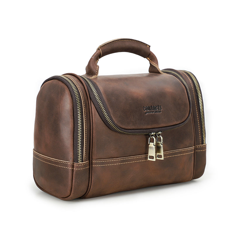 Crazy Horse Leather Business Travel Wash Toiletry Bag Mens Storage Cosmetics Handbag 5