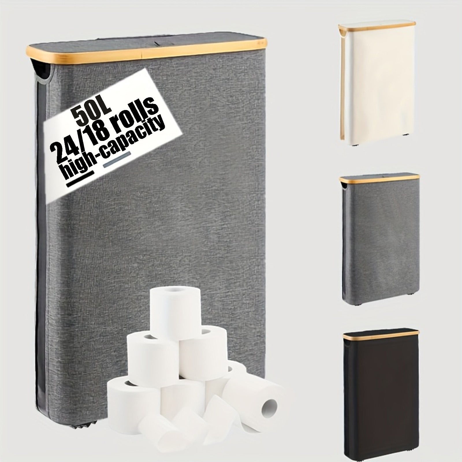 Foldable Bamboo Frame Long Roll Paper Storage Box Anti Slip Base, Bathroom Organizer Storage Container