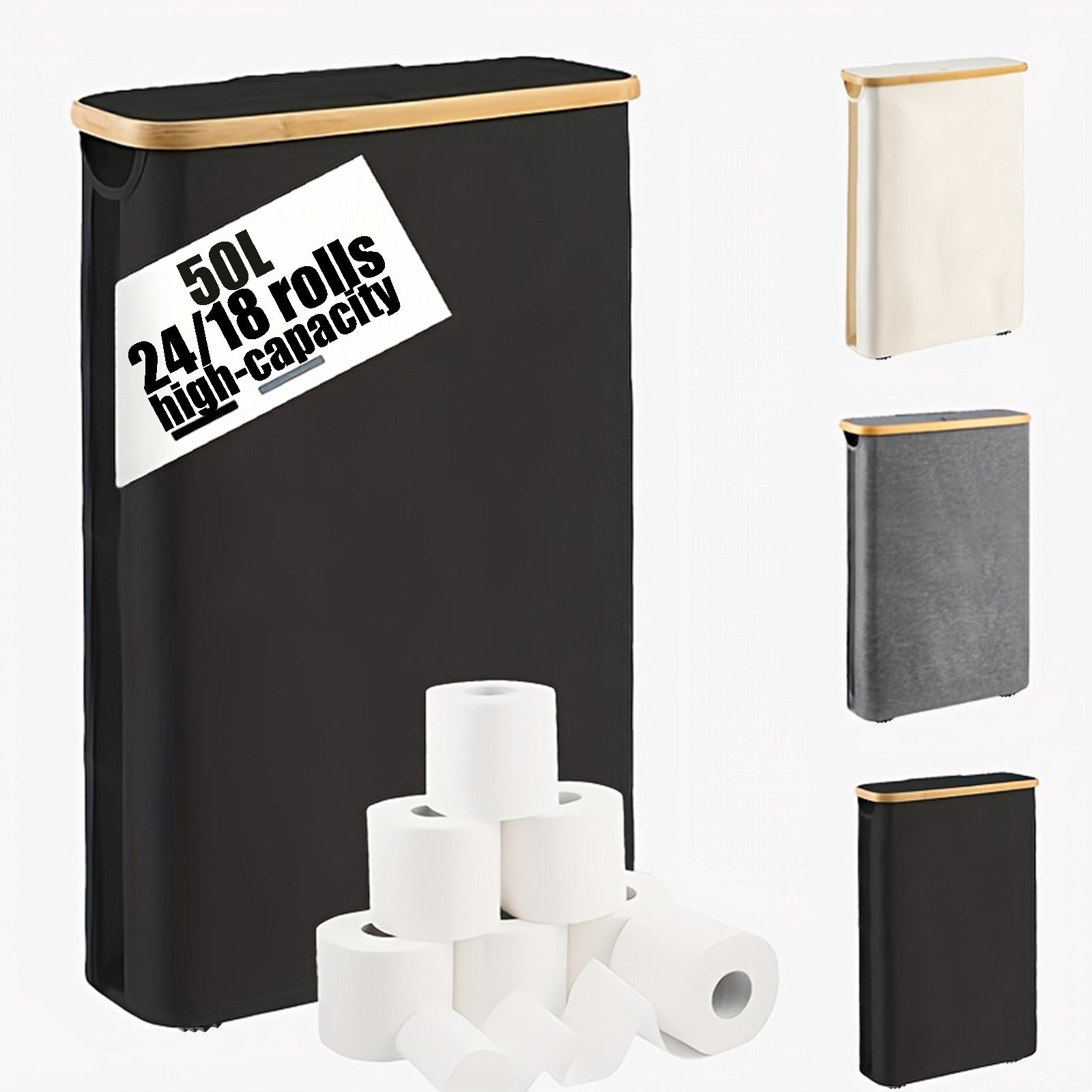 Foldable Bamboo Frame Long Roll Paper Storage Box Anti Slip Base, Bathroom Organizer Storage Container