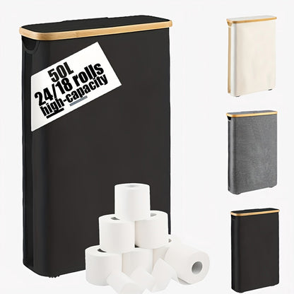 Foldable Bamboo Frame Long Roll Paper Storage Box Anti Slip Base, Bathroom Organizer Storage Container
