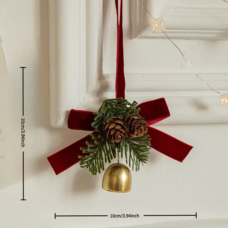 Christmas Hanging Decor Set  Velvet Bows Jingle Bells  Pinecone Ornaments For Trees Fireplaces  Hol 4