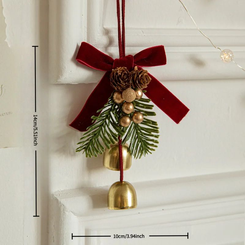 Christmas Hanging Decor Set  Velvet Bows Jingle Bells  Pinecone Ornaments For Trees Fireplaces  Hol 5