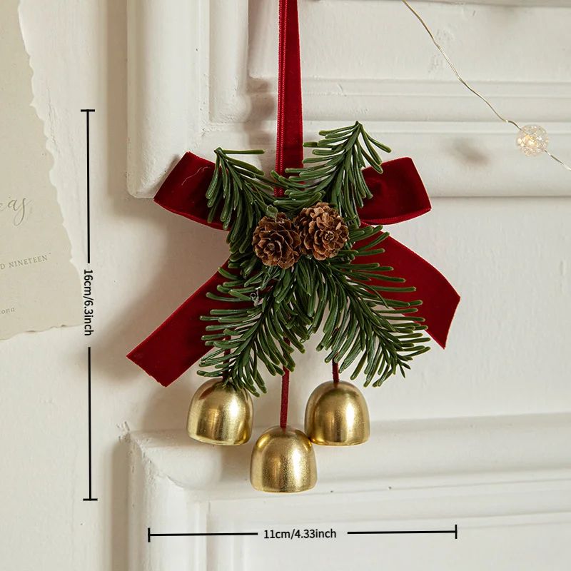 Christmas Hanging Decor Set  Velvet Bows Jingle Bells  Pinecone Ornaments For Trees Fireplaces  Hol 6