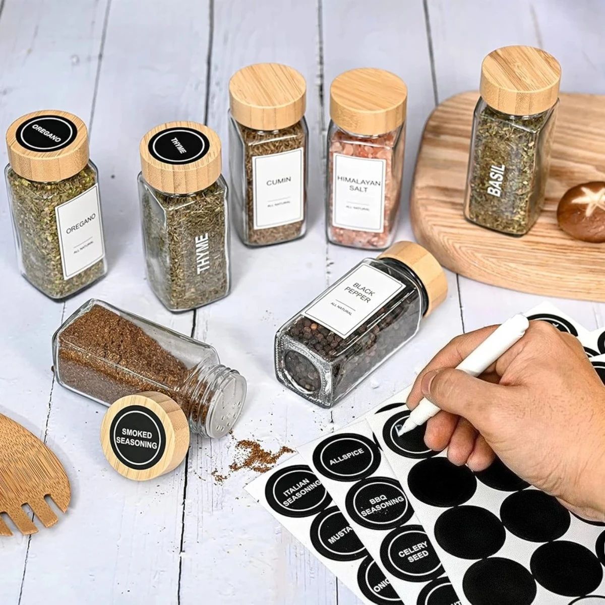 Farmhouse 12Piece Glass Spice Jar Set With Bamboo Lids  Labels 3