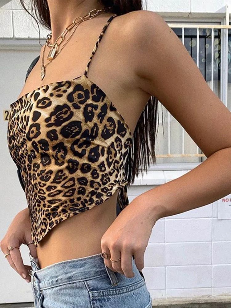 Leopard Pattern Backless Cross Lace Up Crop Tank Top For Women 1