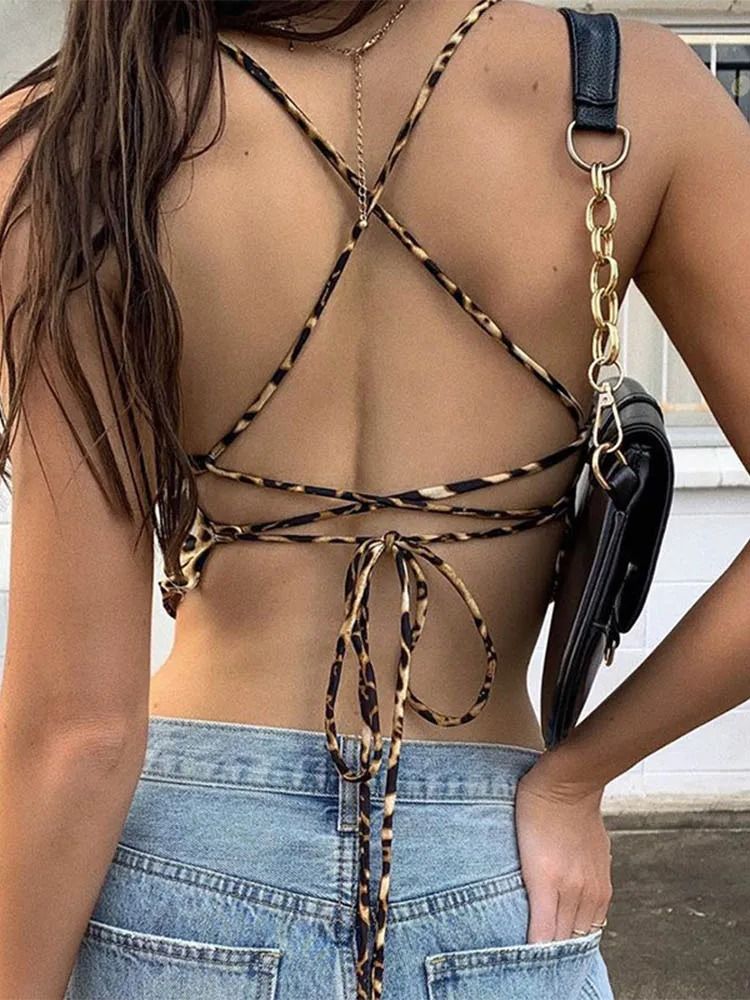 Leopard Pattern Backless Cross Lace Up Crop Tank Top For Women 2