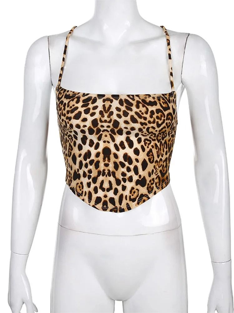 Leopard Pattern Backless Cross Lace Up Crop Tank Top For Women 3