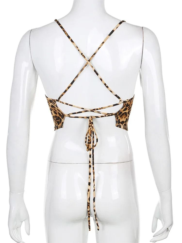 Leopard Pattern Backless Cross Lace Up Crop Tank Top For Women 5