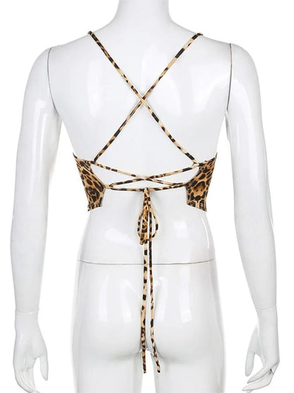 Leopard Pattern Backless Cross Lace Up Crop Tank Top For Women 5