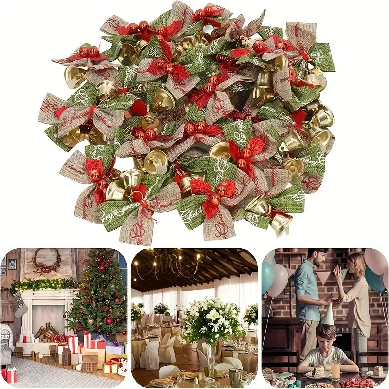 10Piece Christmas Ribbon Bows With Bells  Mini Red  Green Ornaments For Gift Boxes Trees  Wedding D 1