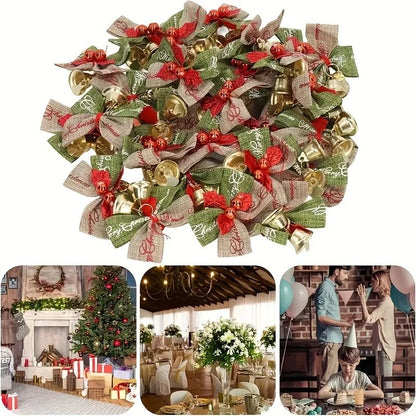 10Piece Christmas Ribbon Bows With Bells  Mini Red  Green Ornaments For Gift Boxes Trees  Wedding D 1