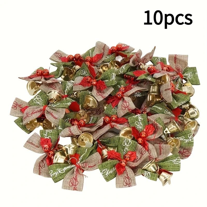 10Piece Christmas Ribbon Bows With Bells  Mini Red  Green Ornaments For Gift Boxes Trees  Wedding D 7