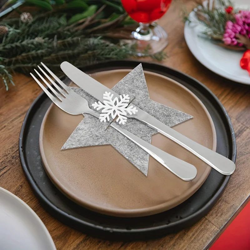 12Piece Christmas Star Placemat Set  Snowflake Knife  Fork Holders For Holiday Table Decorations  P 3