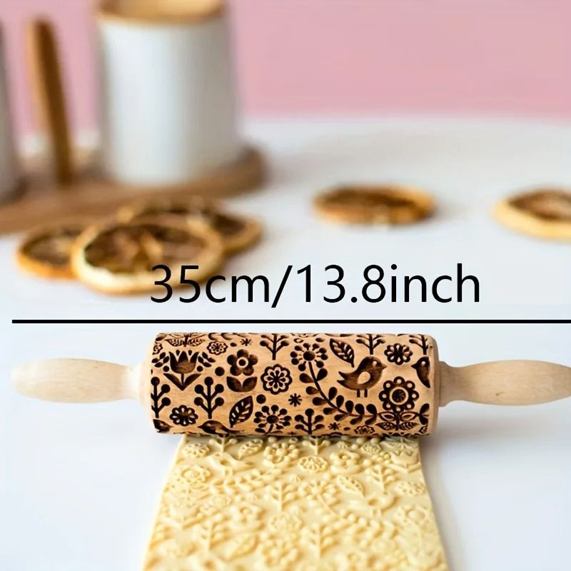 Embossed Wooden Rolling Pin With Laser Engraved Pattern 3