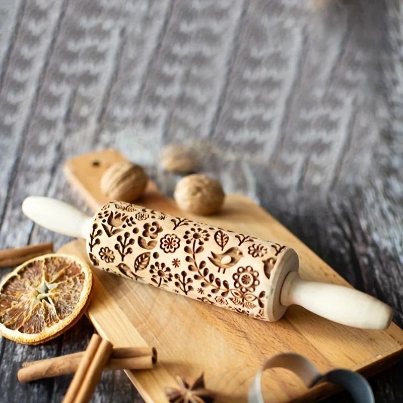 Embossed Wooden Rolling Pin With Laser Engraved Pattern 5