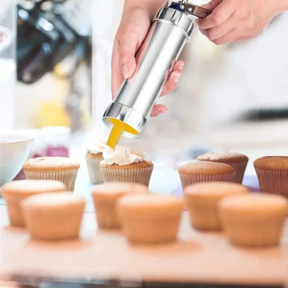 Premium Stainless Steel Cookie Press Gun Set  DIY Cookie Maker Tools With 20 Shape Plates  4 Nozzle