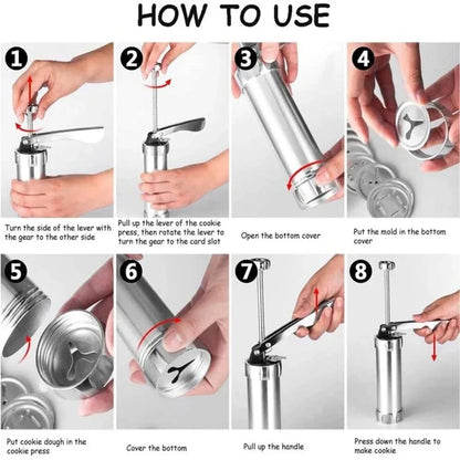 Premium Stainless Steel Cookie Press Gun Set  DIY Cookie Maker Tools With 20 Shape Plates  4 Nozzle