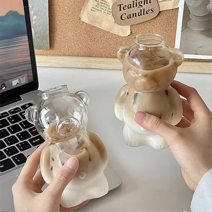 Creative Milk Coffee Water Cups, Cartoon Bear Shaped Coffee Mug Cute Bear Mug Glass Cup With Straw Transparent