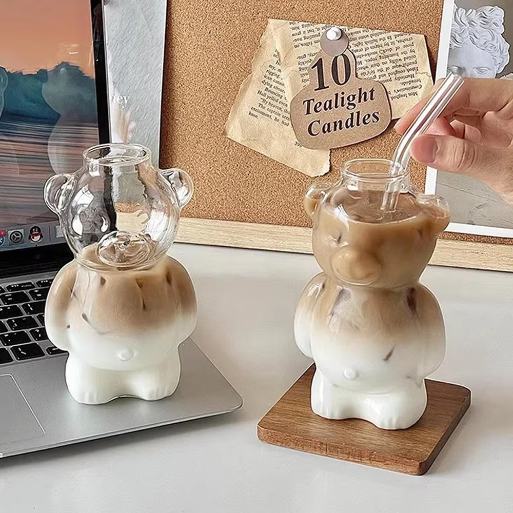 Creative Milk Coffee Water Cups Cartoon Bear Shaped Coffee Mug Cute Bear Mug Glass Cup With Straw T 1