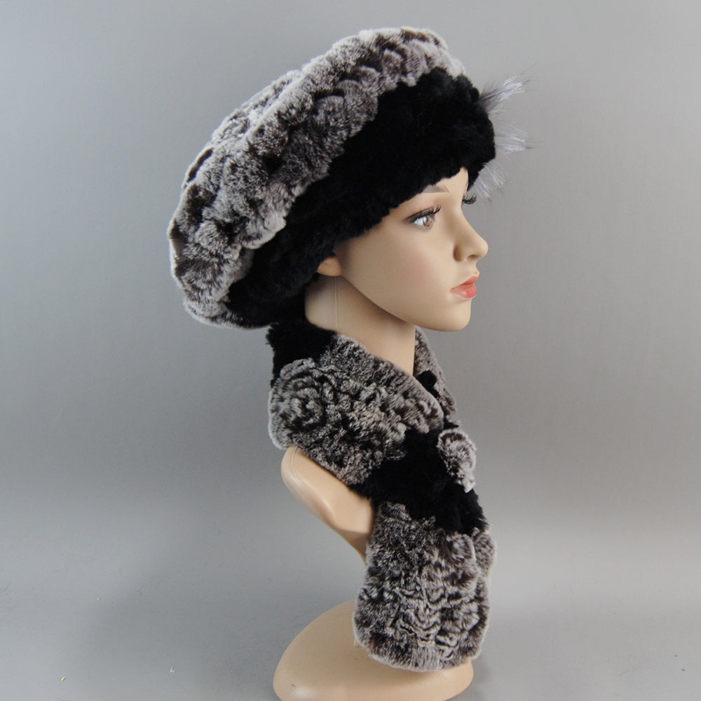 Women Fashion Rex Rabbit Fur Hats Scarves And Caps Warm Real Fur Hat Muffler Winter Fur Scarf Sets 2
