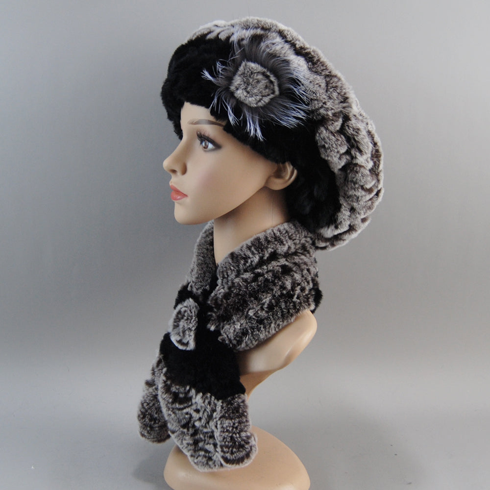 Women Fashion Rex Rabbit Fur Hats Scarves And Caps Warm Real Fur Hat Muffler Winter Fur Scarf Sets 3