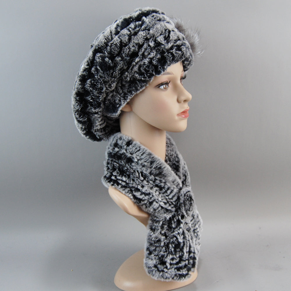Women Fashion Rex Rabbit Fur Hats Scarves And Caps Warm Real Fur Hat Muffler Winter Fur Scarf Sets 5